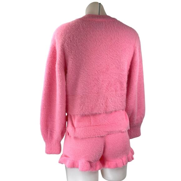 ASOS Pink Fleece Cardigan Short Sleeve T Shirt Shorts Sweater 3 Piece Set Size 2 - Picture 4 of 9
